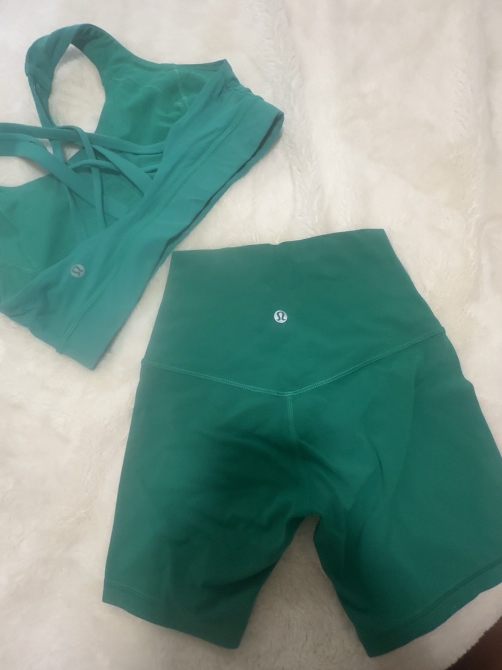 lululemon athletica High-Rise Bike Shorts - Teal Green. Lululemon sports bra.